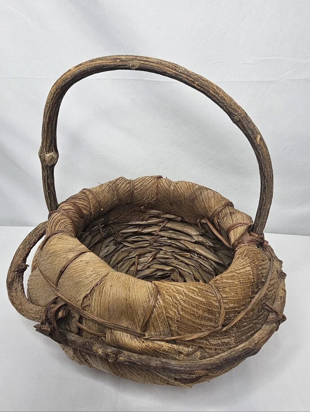 Vintage Rustic Folk Art Basket Natural Coconut Palm Spathe Fiber Grapevine Vine